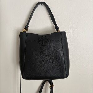 Tory Burch McGraw Mini Bucket Crossbody Satchel Chic Black Leather Women's Bag